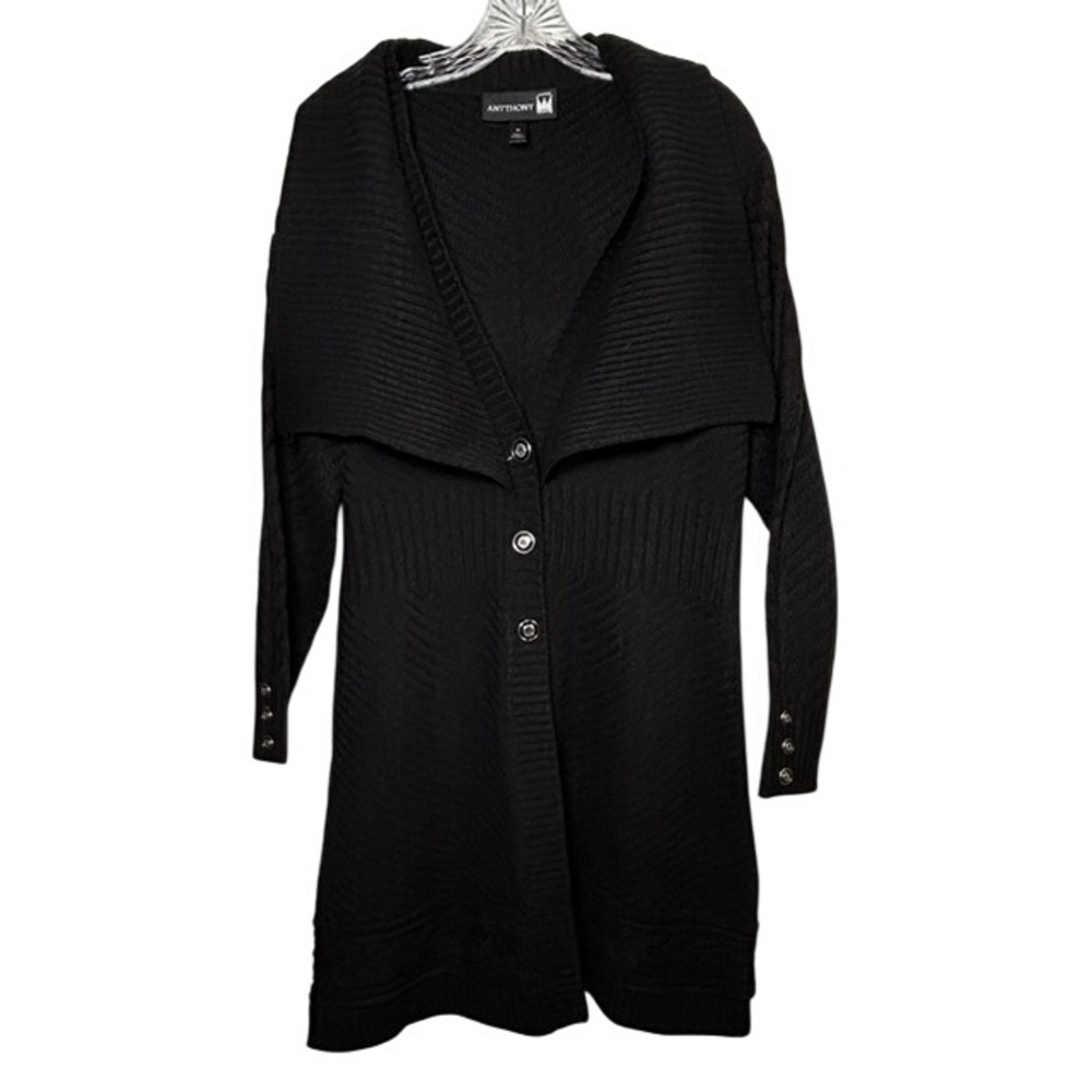 Antthony Original Black Longline Cardigan Sweater M Shawl Collar Button Front